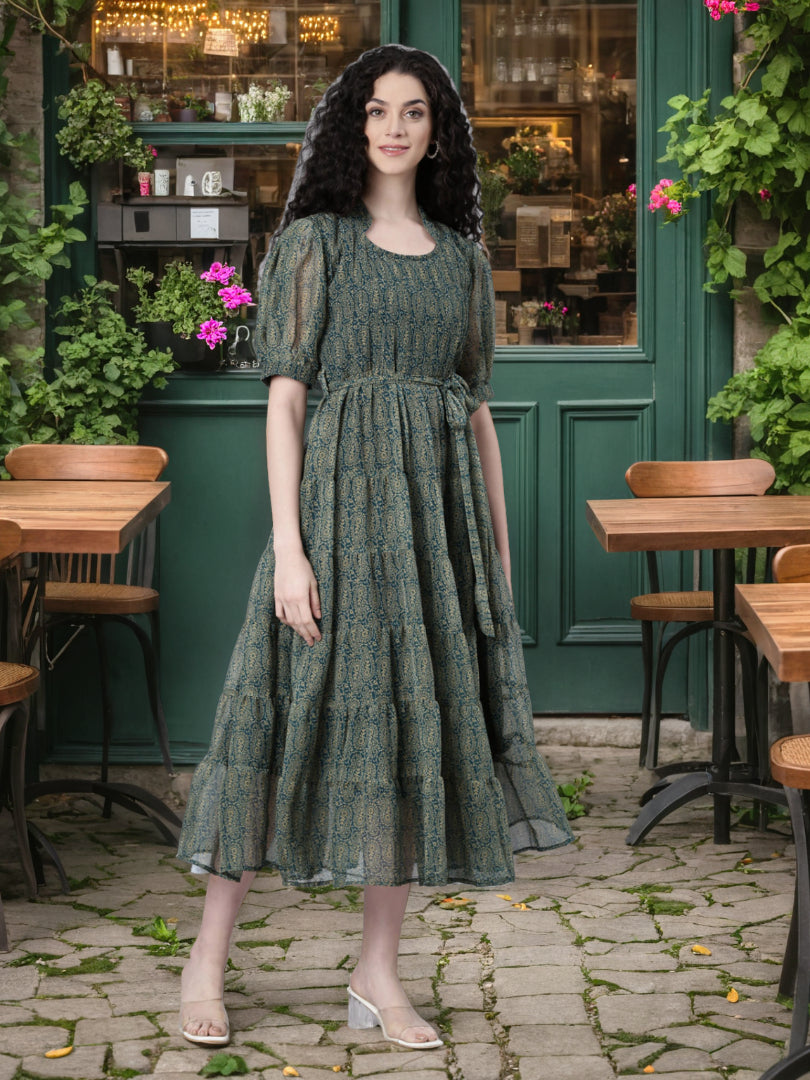 Maxi Dress – Green & Blue Ethnic Printed | Souchii