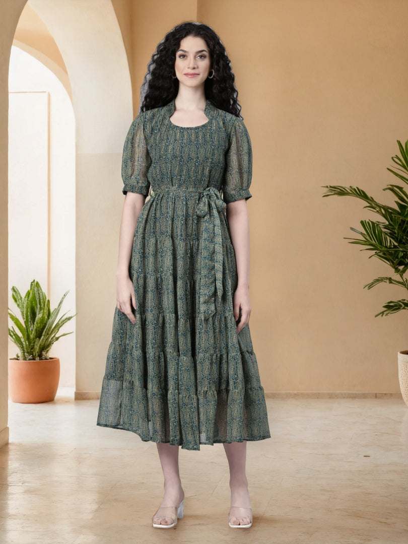 Maxi Dress – Green & Blue Ethnic Printed | Souchii