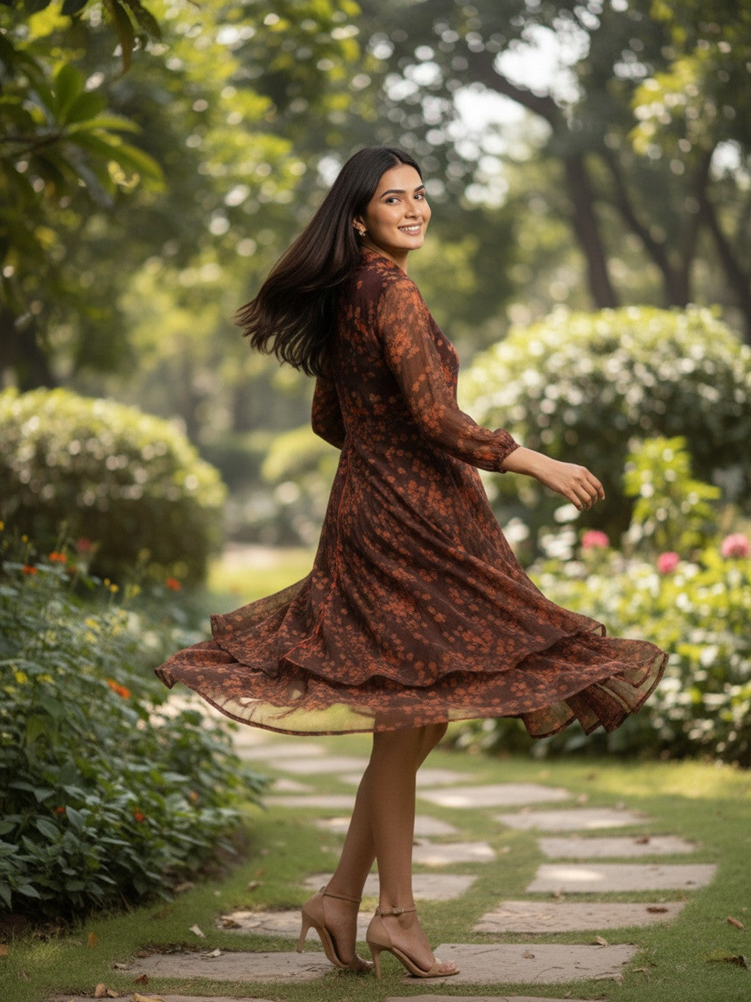 Brown Floral Chiffon Fit & Flare Midi Dress | Souchii
