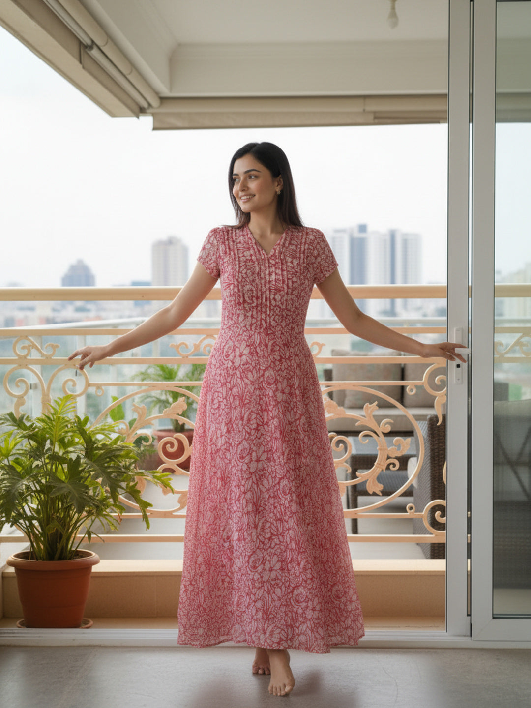 Red Floral Printed Chiffon Flared Maxi Dress | Souchii