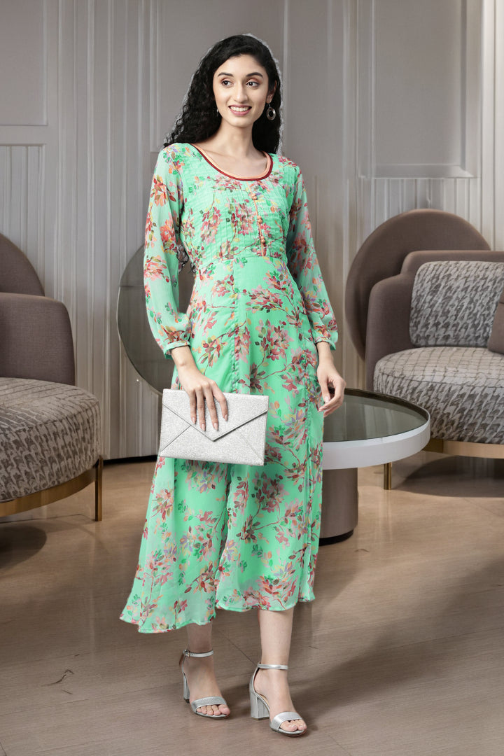 Maxi Dress – Sea Green Floral Print Chiffon | Souchii