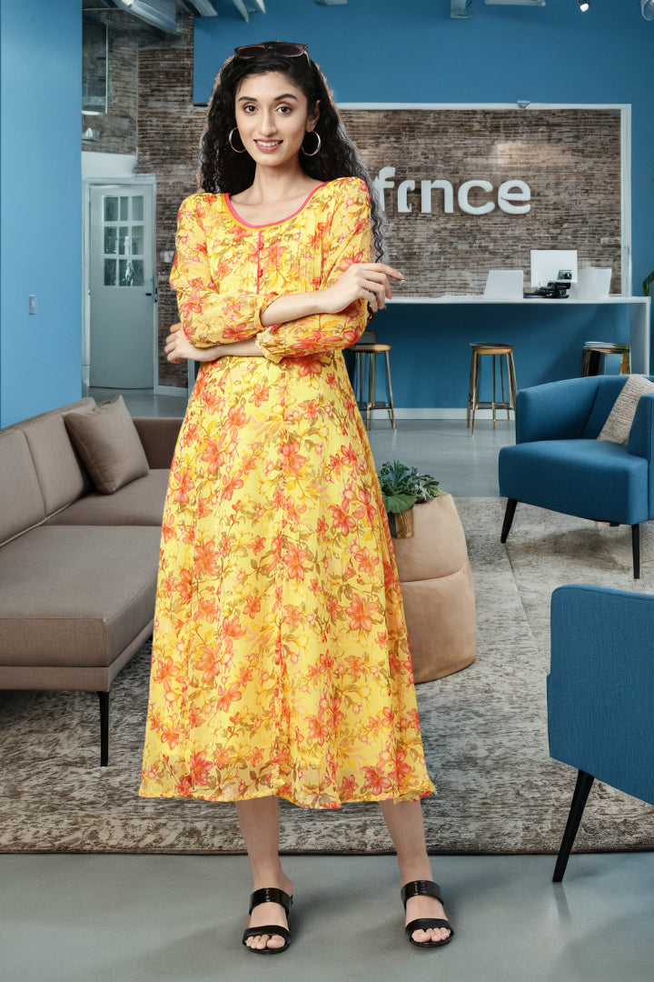 Midi Dress – Yellow Floral Printed Chiffon A-Line | Souchii