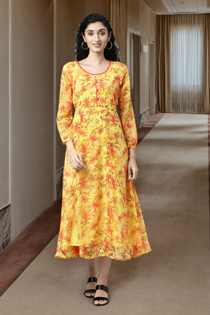 Midi Dress – Yellow Floral Printed Chiffon A-Line | Souchii