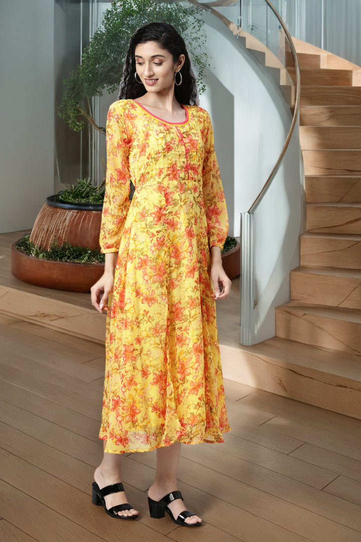 Midi Dress – Yellow Floral Printed Chiffon A-Line | Souchii
