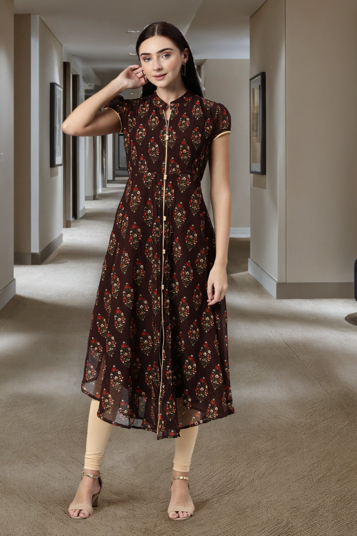 Dress – Brown & Red Floral Printed Chiffon | Souchii