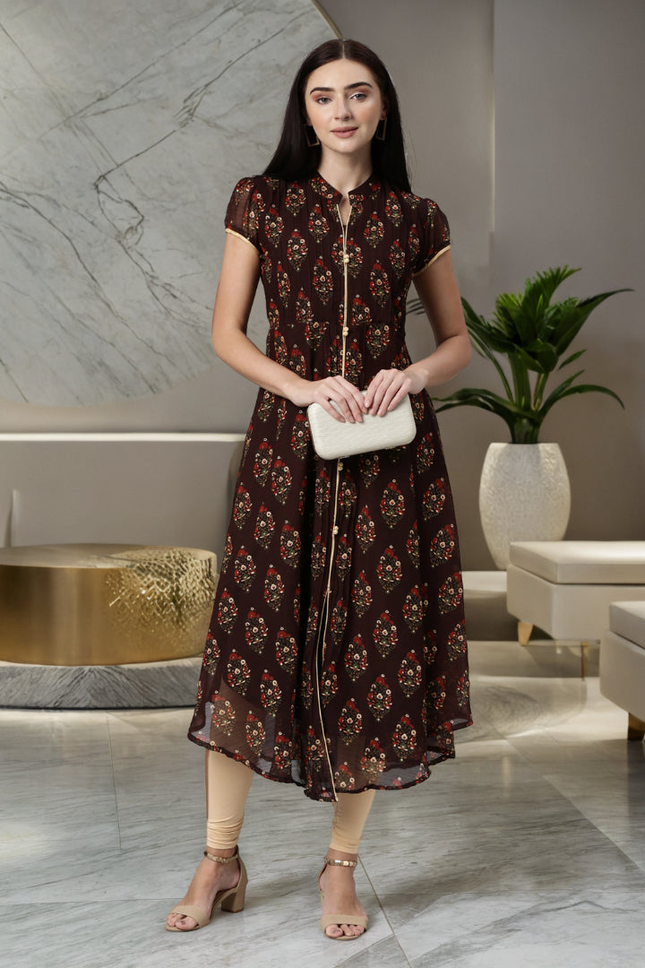 Dress – Brown & Red Floral Printed Chiffon | Souchii