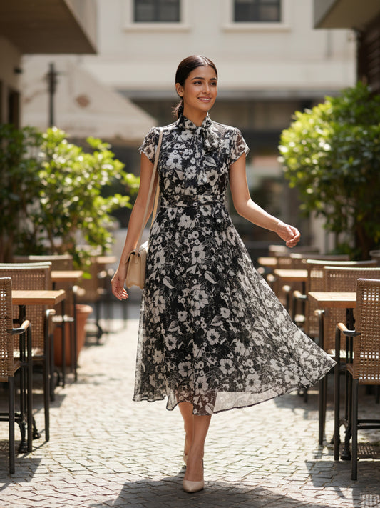 Floral Print Tie-Up Neck Chiffon Fit & Flare Midi Dress|Souchii