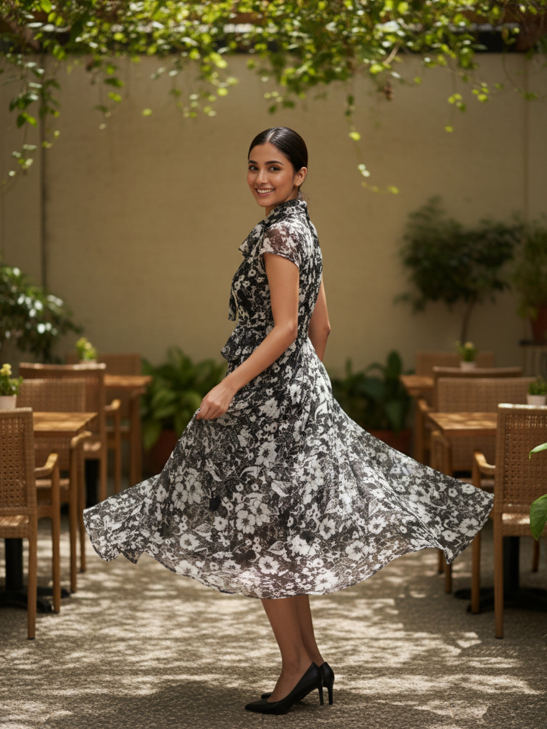 Floral Print Tie-Up Neck Chiffon Fit & Flare Midi Dress|Souchii