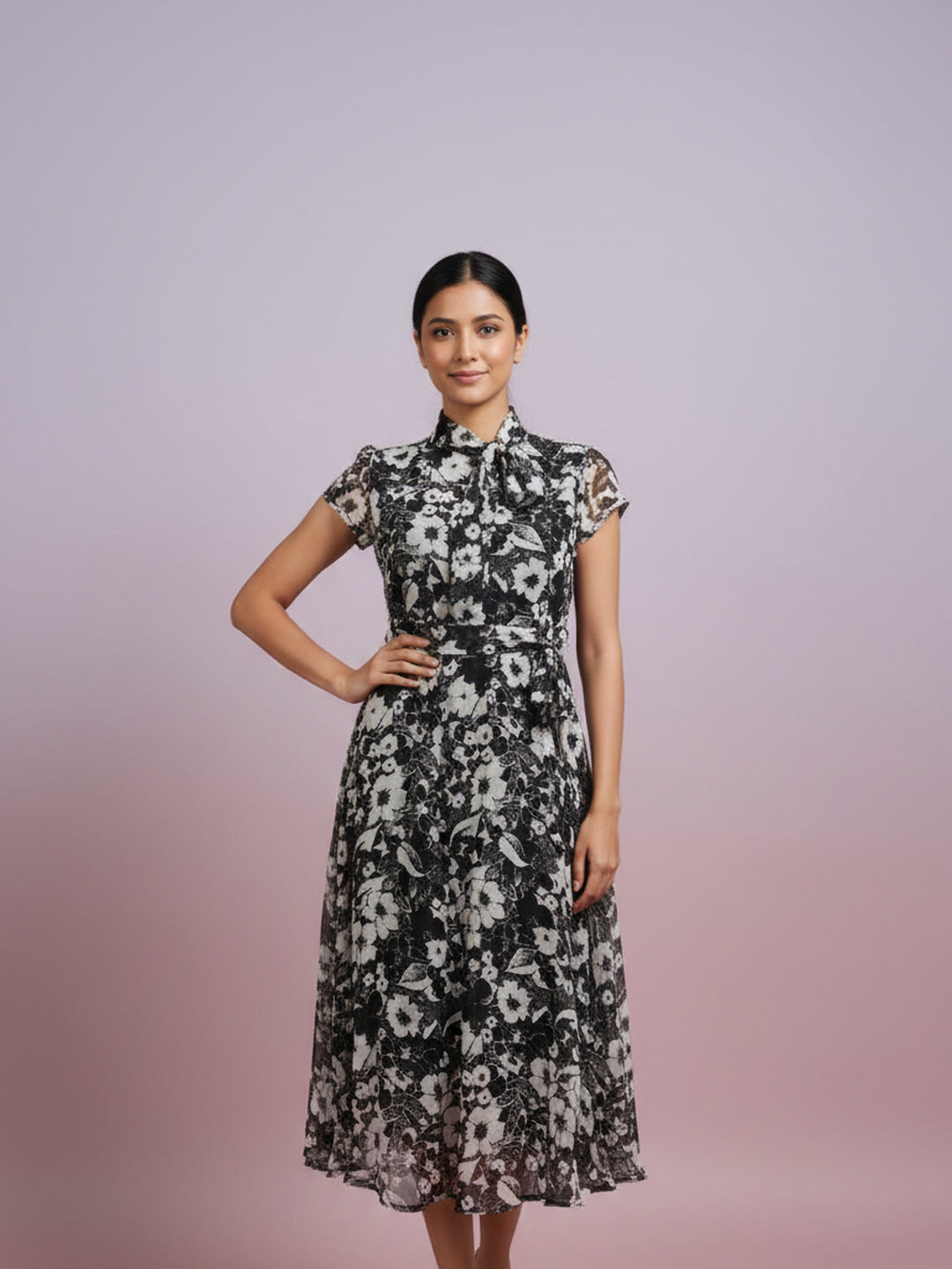 Floral Print Tie-Up Neck Chiffon Fit & Flare Midi Dress|Souchii