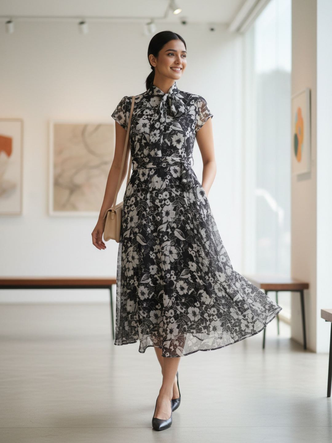 Floral Print Tie-Up Neck Chiffon Fit & Flare Midi Dress|Souchii