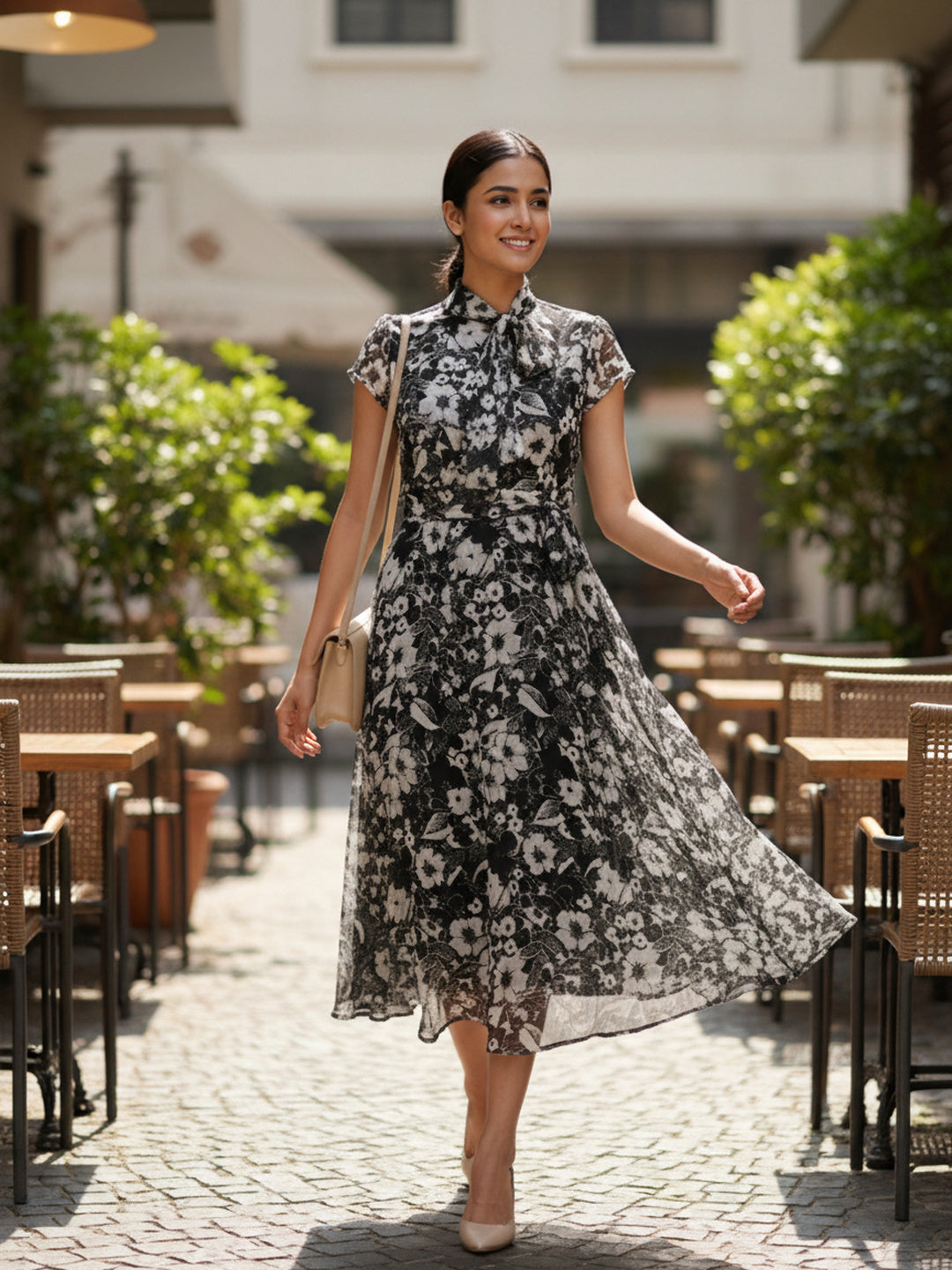 Floral Print Tie-Up Neck Chiffon Fit & Flare Midi Dress|Souchii