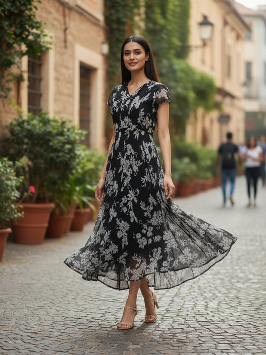 Souchii Black & White Floral Print Fit & Flare Midi Dress