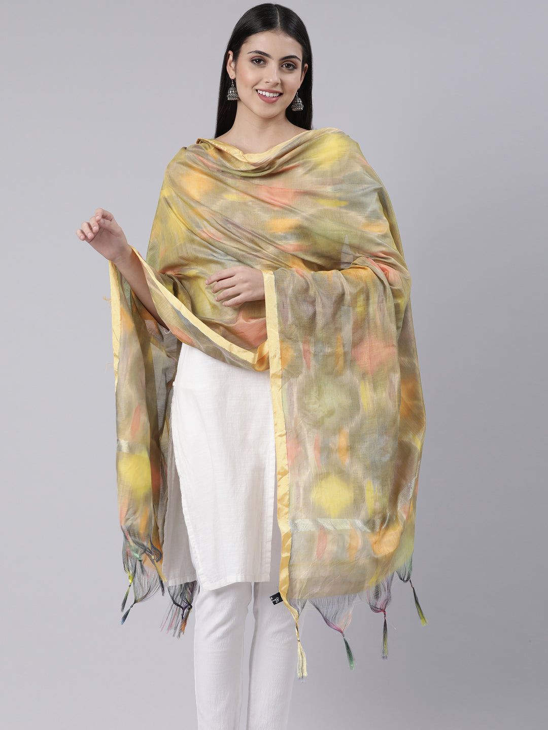 Shades of Yellow Ikkat Print Raw Silk Duppatta | Souchii