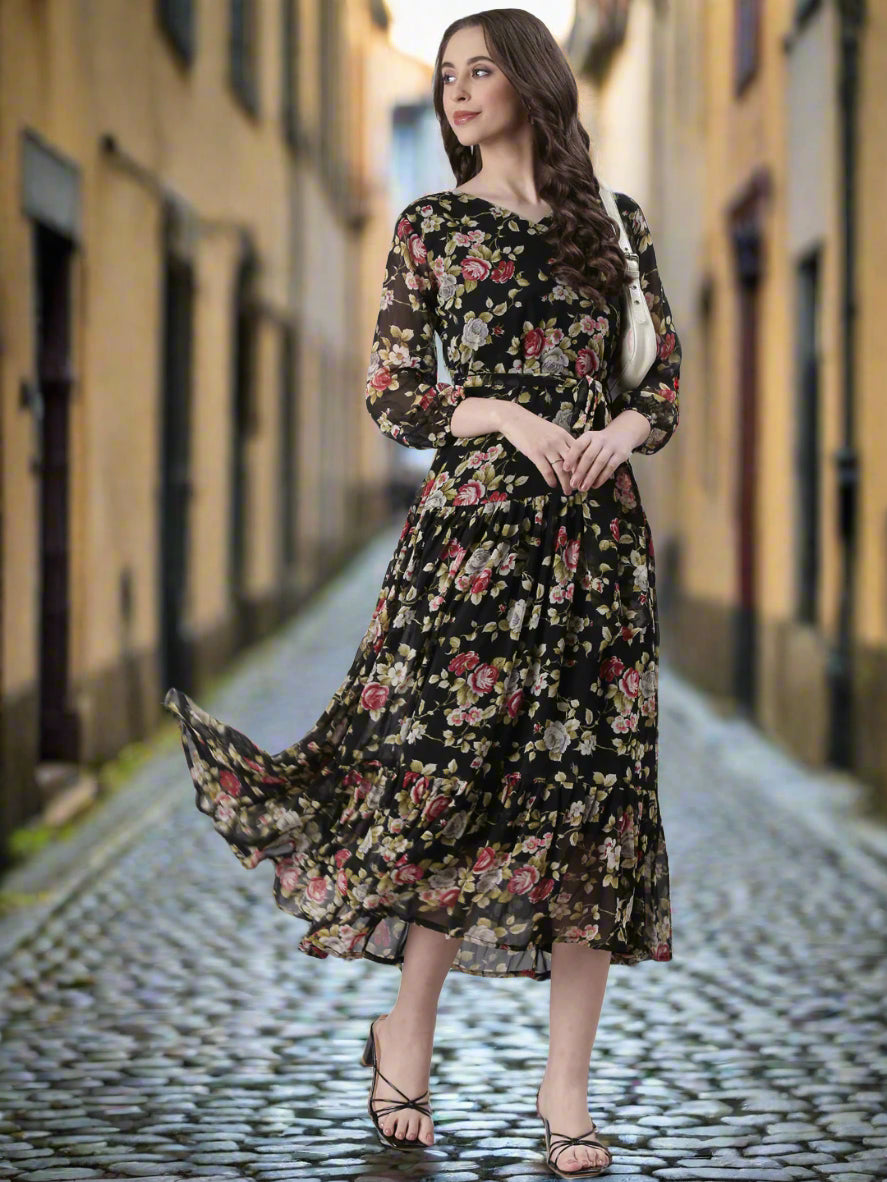 Black Floral Chiffon Midi Dress | Souchii