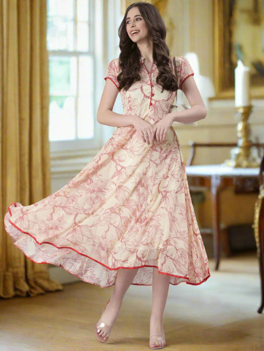 Cream Floral A-Line Belted Midi Dress | Souchii