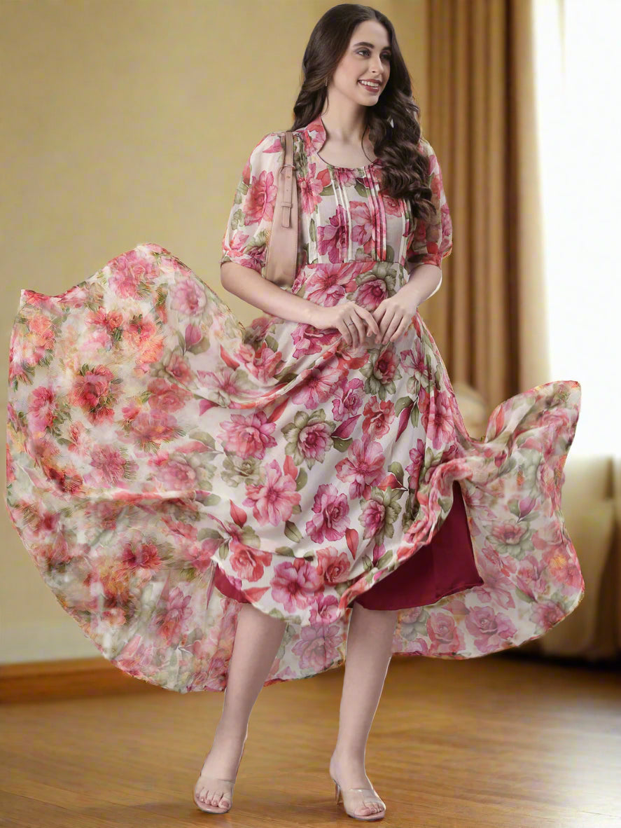 Cream Floral Puff-Sleeve A-Line Midi Dress | Souchii