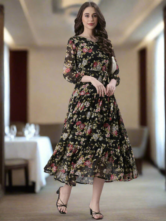Black Floral Chiffon Midi Dress | Souchii