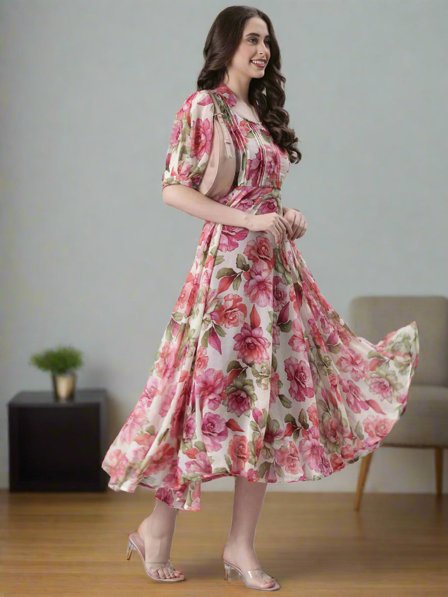 Cream Floral Puff-Sleeve A-Line Midi Dress | Souchii