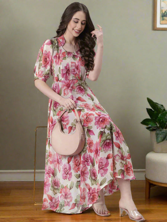 Cream Floral Puff-Sleeve A-Line Midi Dress | Souchii