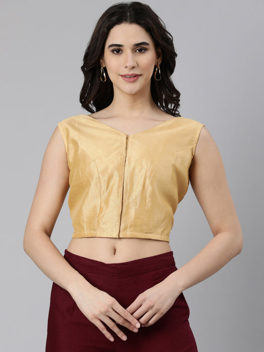 Beige Dupion Silk V-Neck Sleeveless Blouse | Souchii