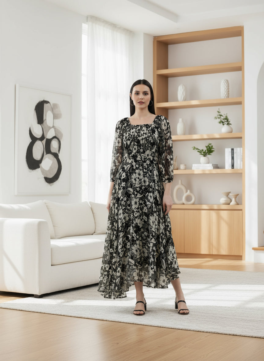 Black & White Floral Smocked Chiffon Maxi Dress | Souchii