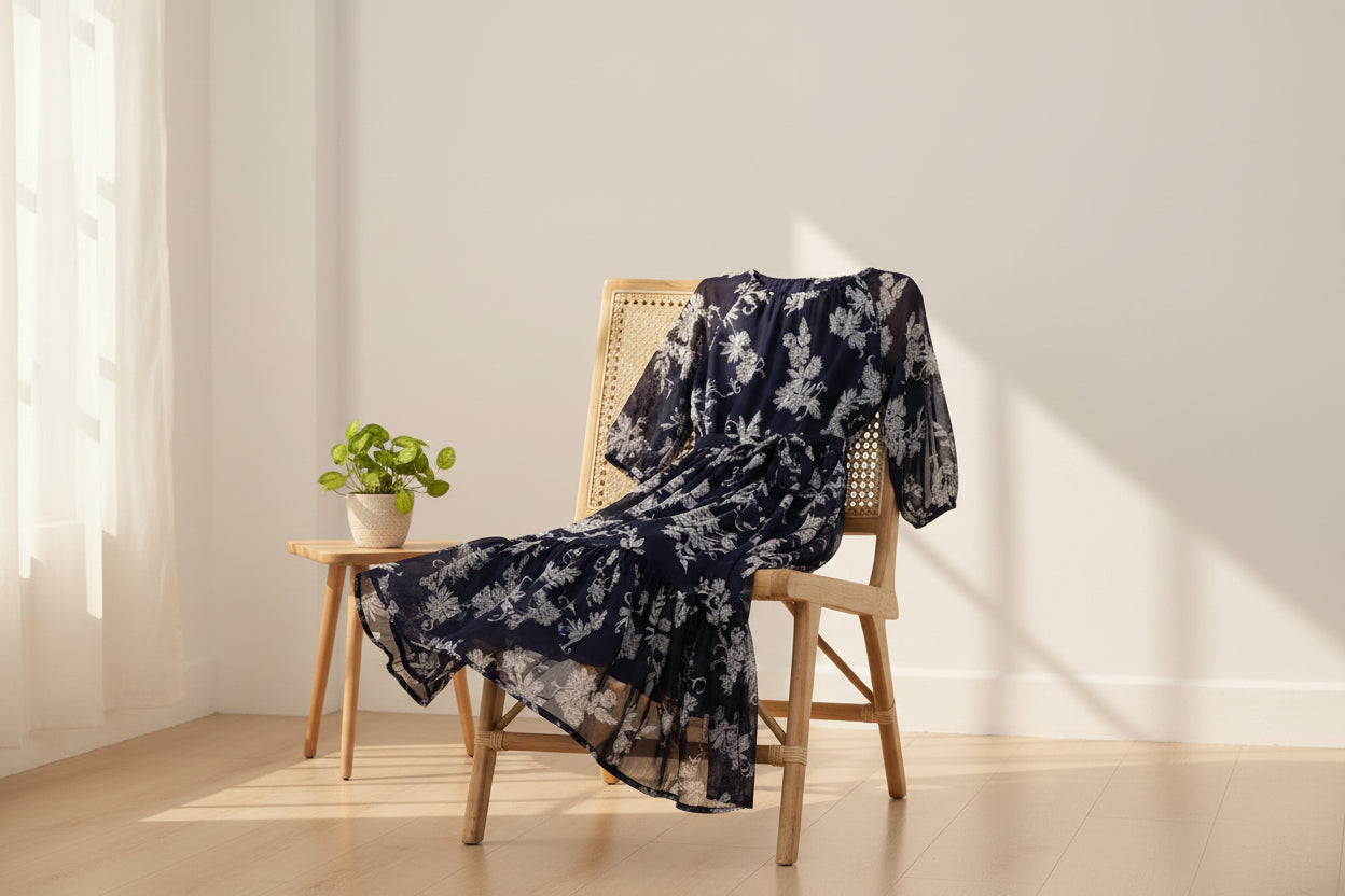 Navy Blue Floral Maxi Chiffon Dress | Souchii