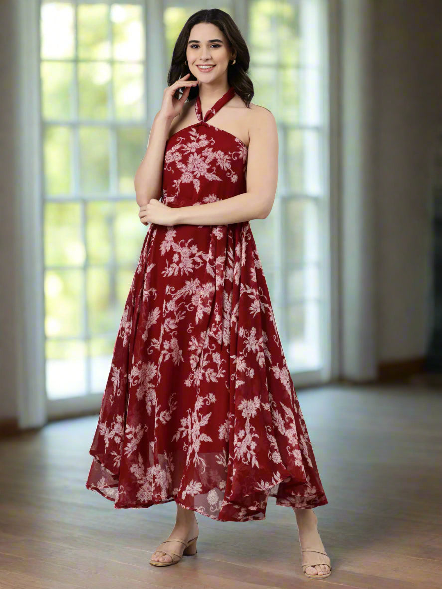 Maroon Floral Print Halter Neck A-Line Dress with Belt