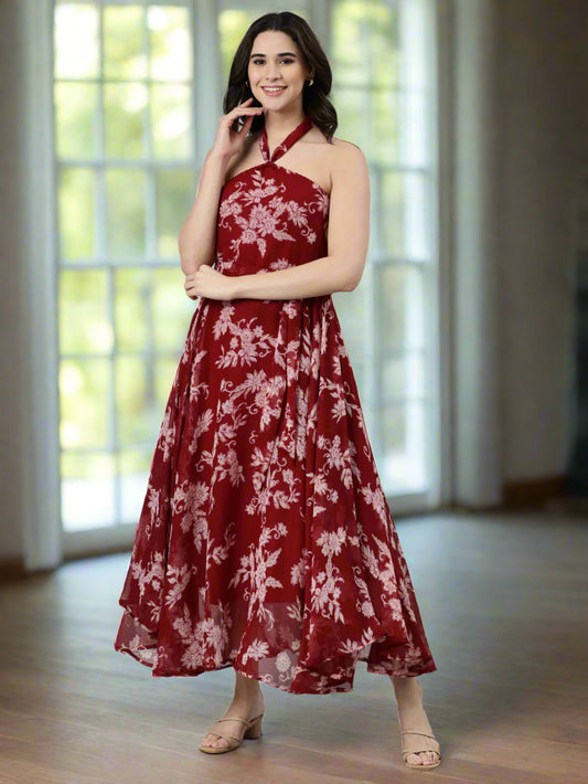 Maroon Floral Print Halter Neck A-Line Dress with Belt
