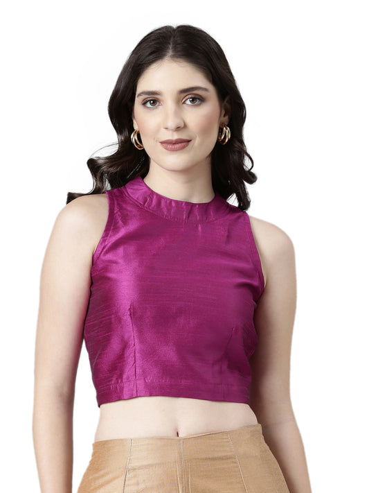 Purple Dupion Silk Sleeveless Round-Neck Blouse | Souchii