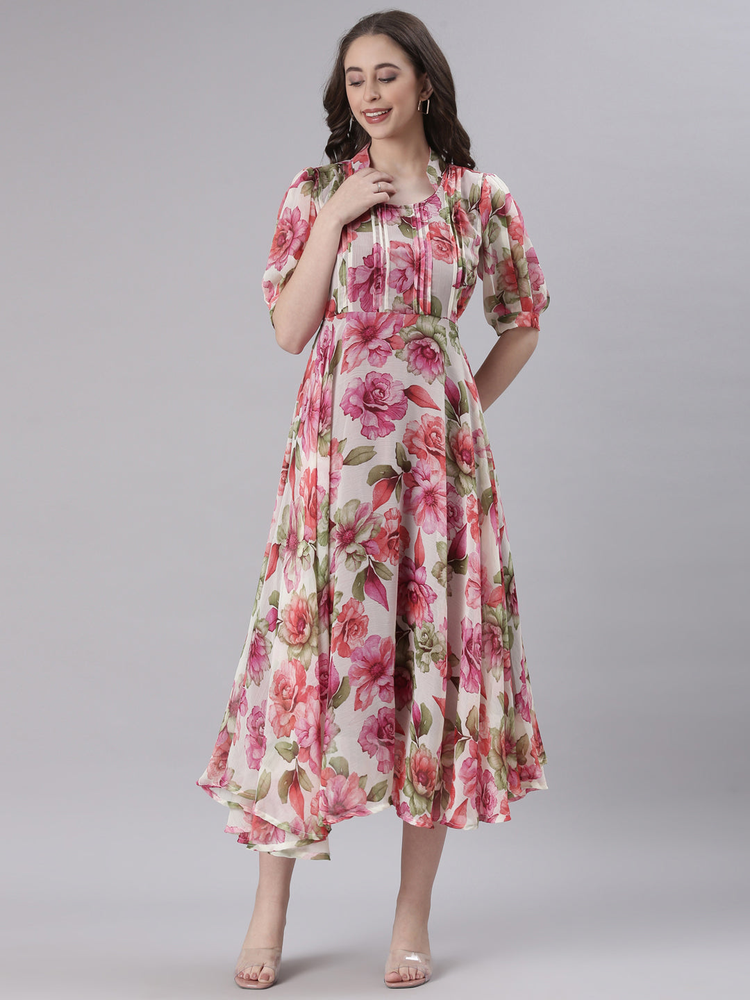 Cream Floral Puff-Sleeve A-Line Midi Dress | Souchii