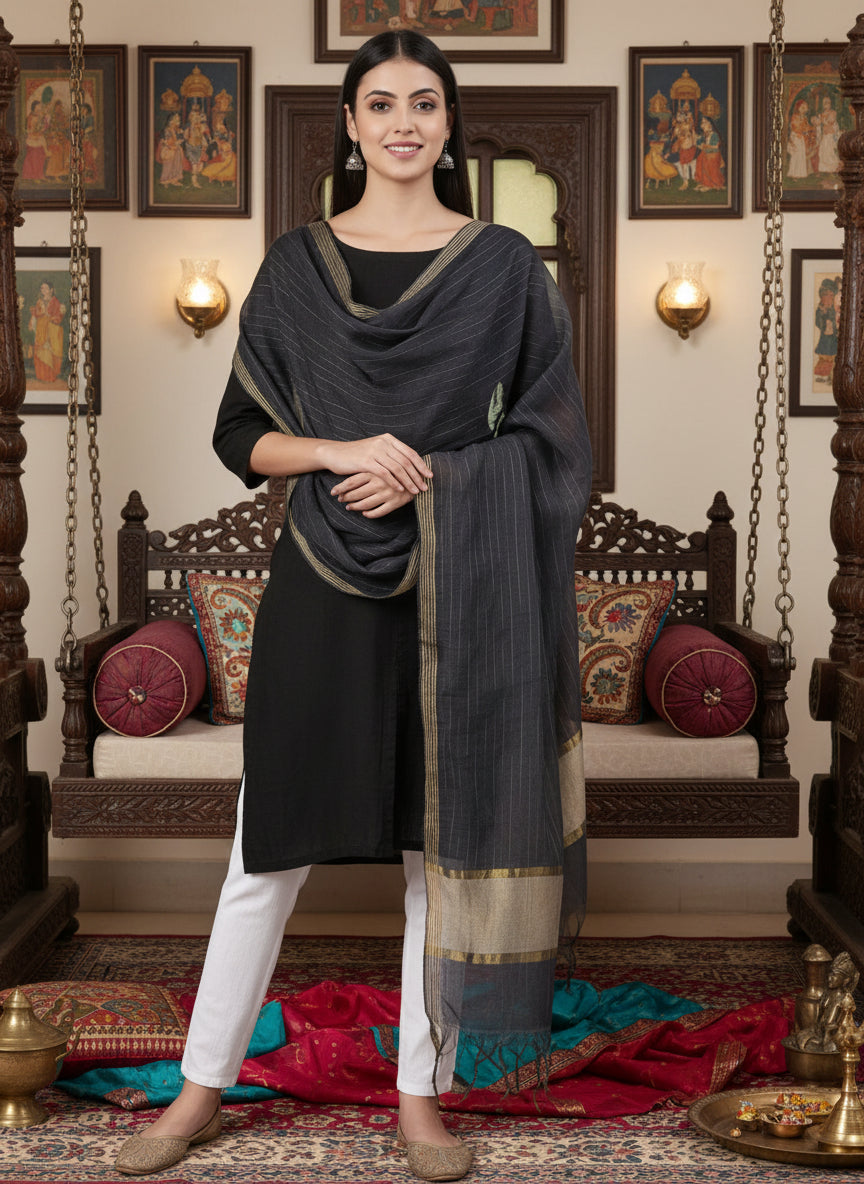 Navy Blue Silk Blend Dupatta | Souchii