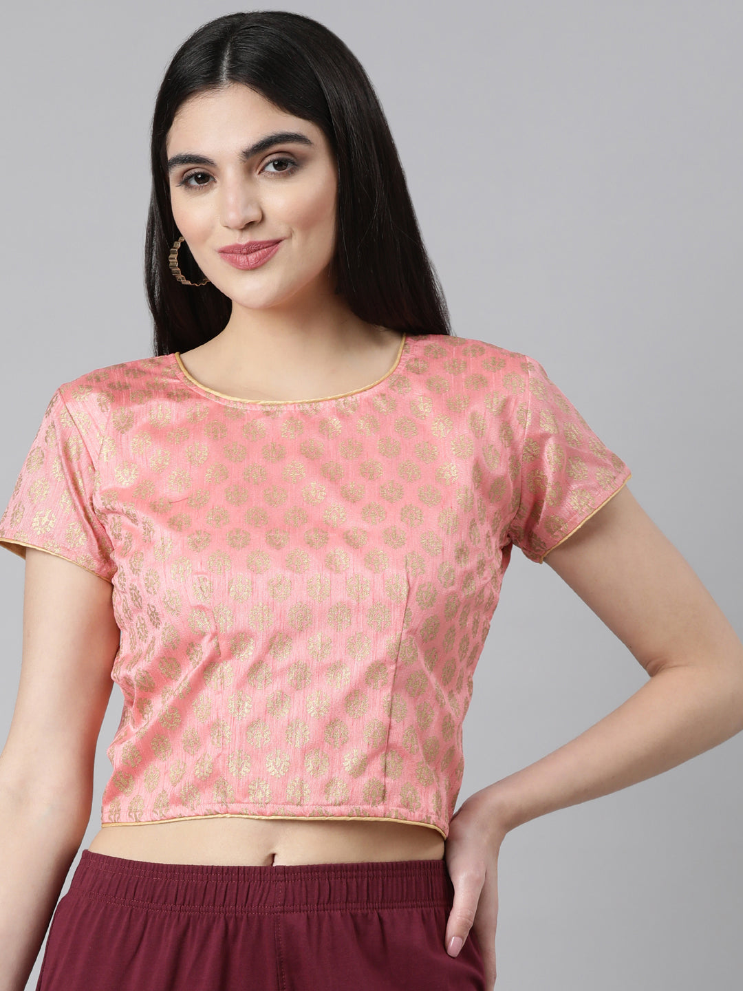 Pink & Gold Dupion Silk Woven Knot Blouse | Souchii
