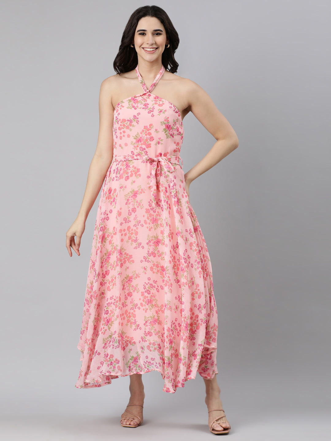 Dress – Pink Floral Halter Neck | Souchii