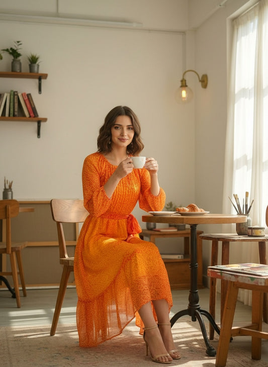 Mustard Floral Smocked Chiffon Maxi Dress | Souchii