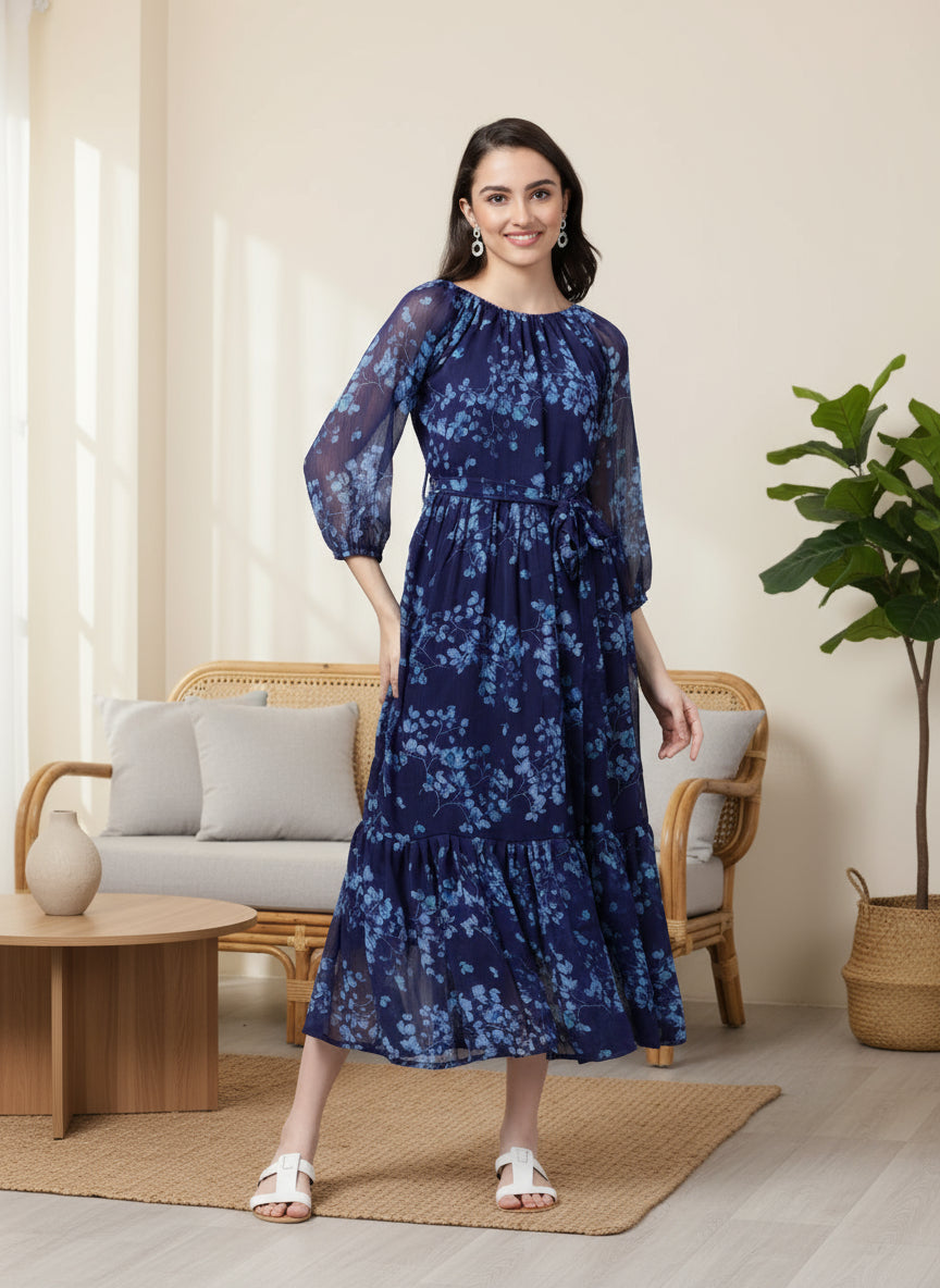 Souchii Navy Blue Floral Maxi Chiffon Dress