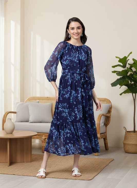 Souchii Navy Blue Floral Maxi Chiffon Dress