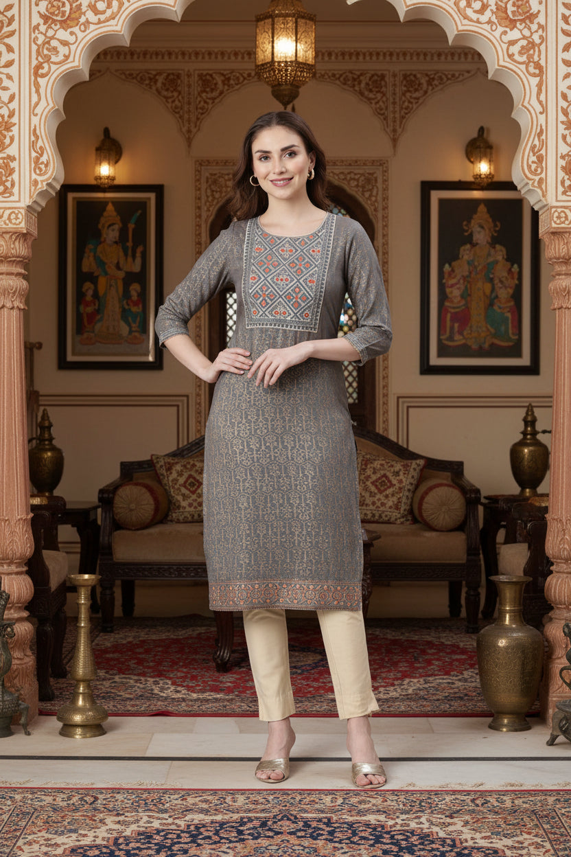 Ethnic Motifs Printed Thread Work Straight Kurta