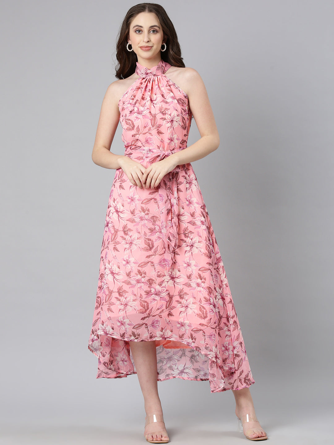 Dress – Pink Floral Print Halter Neck Asymmetric Hem | Souchii