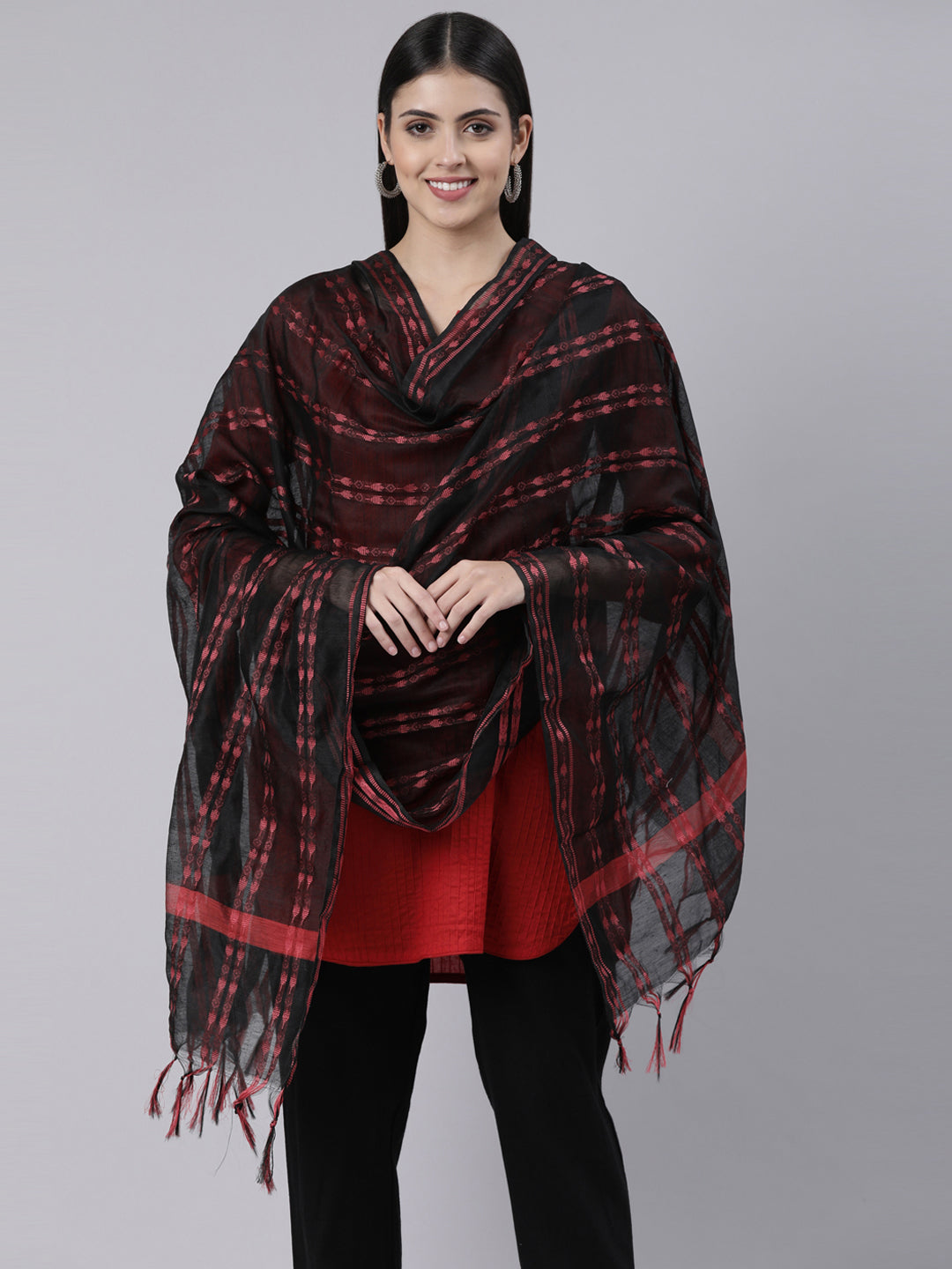 Black and Red Cotton Woven Dupatta