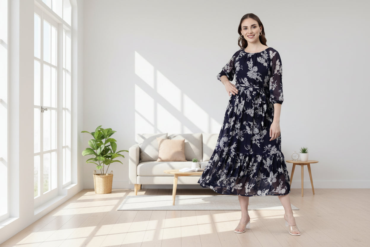 Navy Blue Floral Maxi Chiffon Dress | Souchii