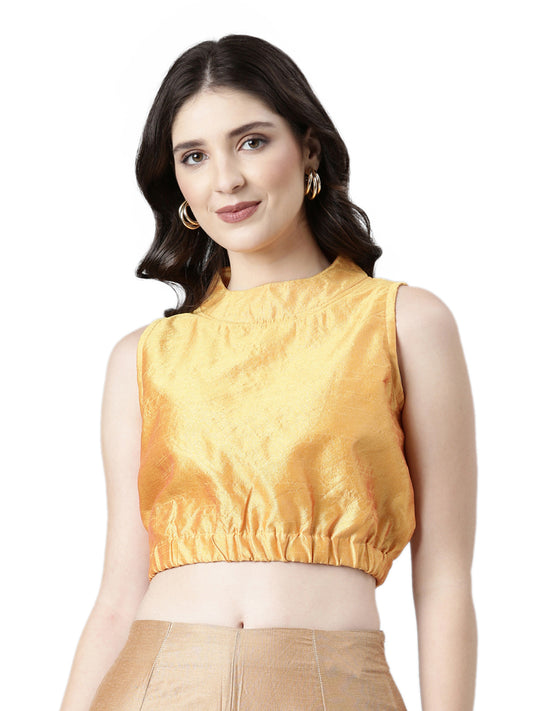 Yellow Dupion Silk High-Neck Sleeveless Blouse | Souchii