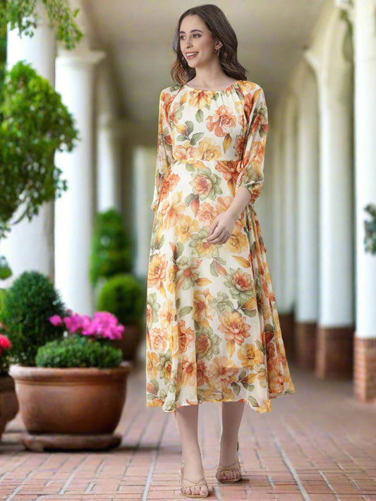 White Floral Fit & Flare Midi Dress | Souchii