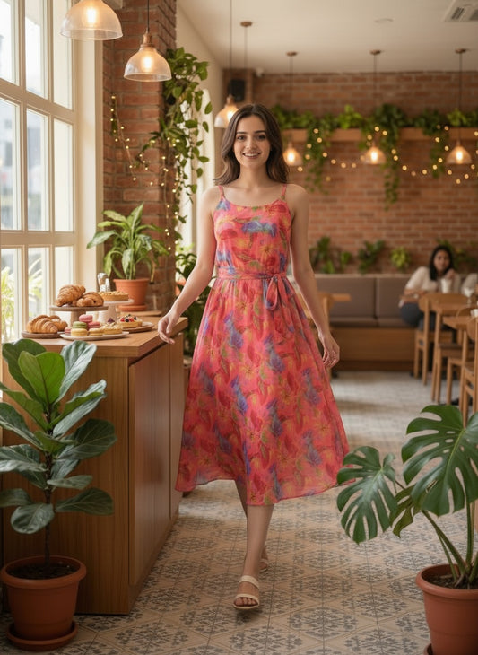 Souchii Coral Watercolor Floral Chiffon Midi Dress with Tie-Up Waist