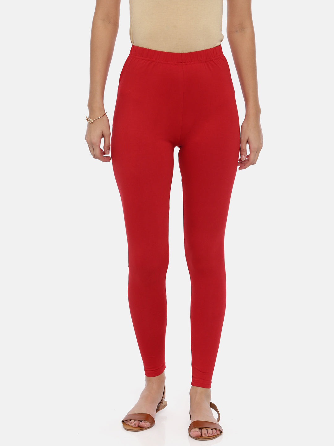 Red Solid Cotton Ankle-Length Leggings for Women | Souchii