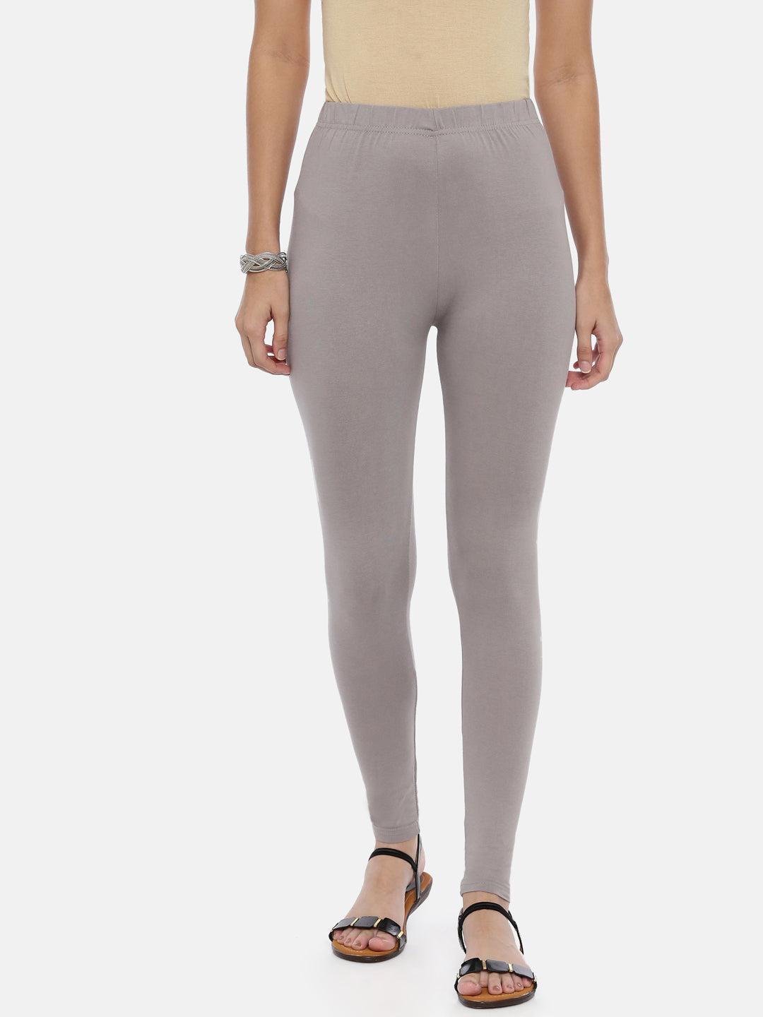 Grey Solid Cotton Blend Ankle-Length Leggings for Women | Souchii