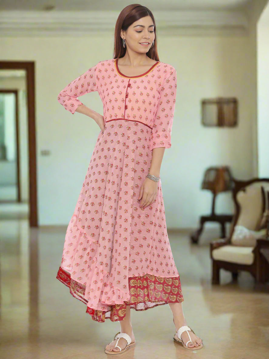 Pink Floral Print Chiffon Fit & Flare Midi Dress with Belt | Souchii