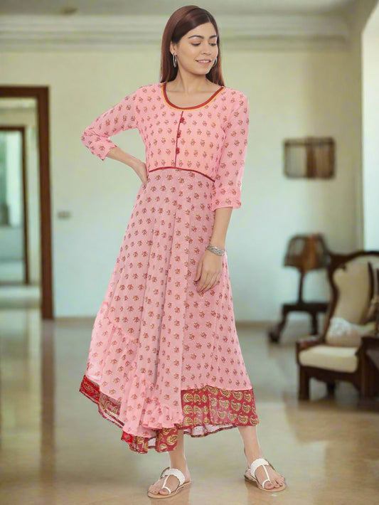 Pink Floral Print Chiffon Fit & Flare Midi Dress with Belt | Souchii