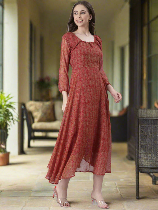 Red Paisley Print Fit & Flare Midi Dress | Souchii