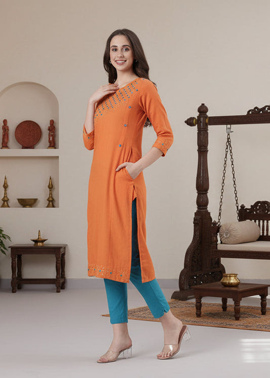 Jacquard Embroidered Orange Kurta with Elegant Side Pocket | Souchii