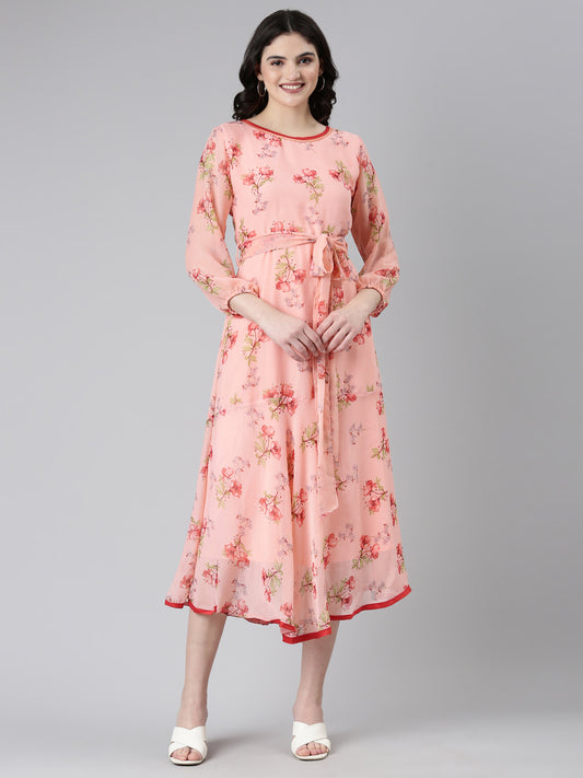 Rose Floral Printed A-Line Midi Dress with Belt | Souchii